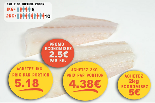 Cabillaud (Gadus morhua) Portion de Filet Sans peau