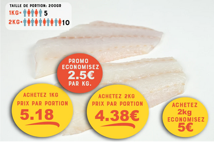 Cabillaud (Gadus morhua) Portion de Filet Sans peau