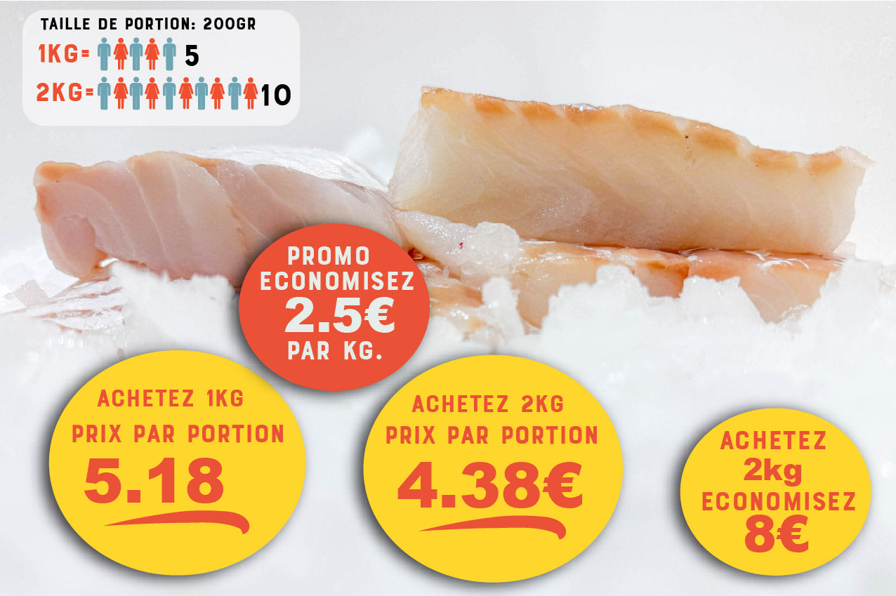 Cabillaud (Gadus morhua) Portion de Filet Sans peau